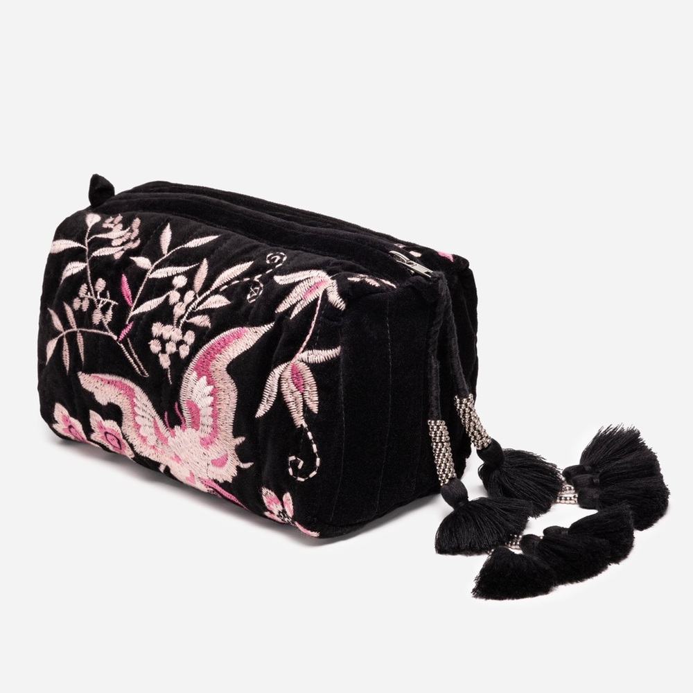 Johnny Was velvet quilted makeup bag embroidered black pink butterfly floral NTW
